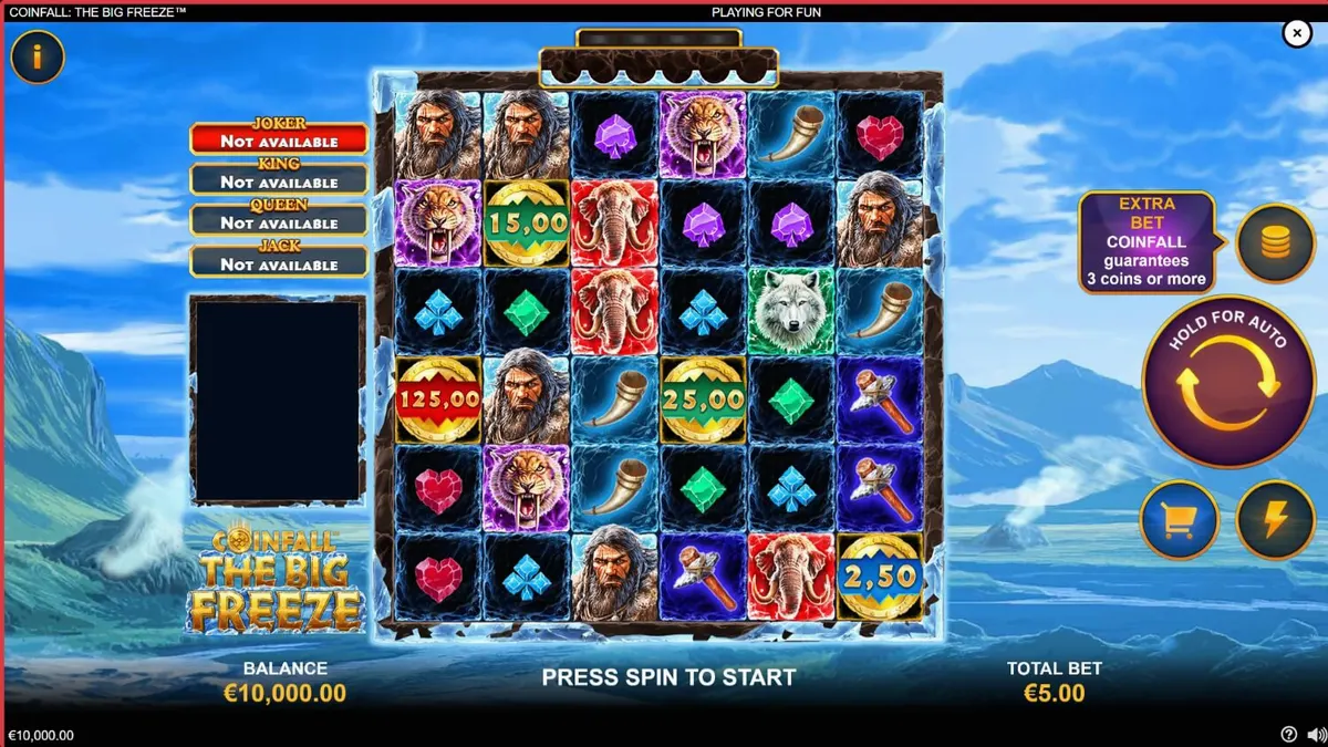 Layar permainan slot Coinfall: The Big Freeze dengan tema zaman es dan simbol prasejarah.