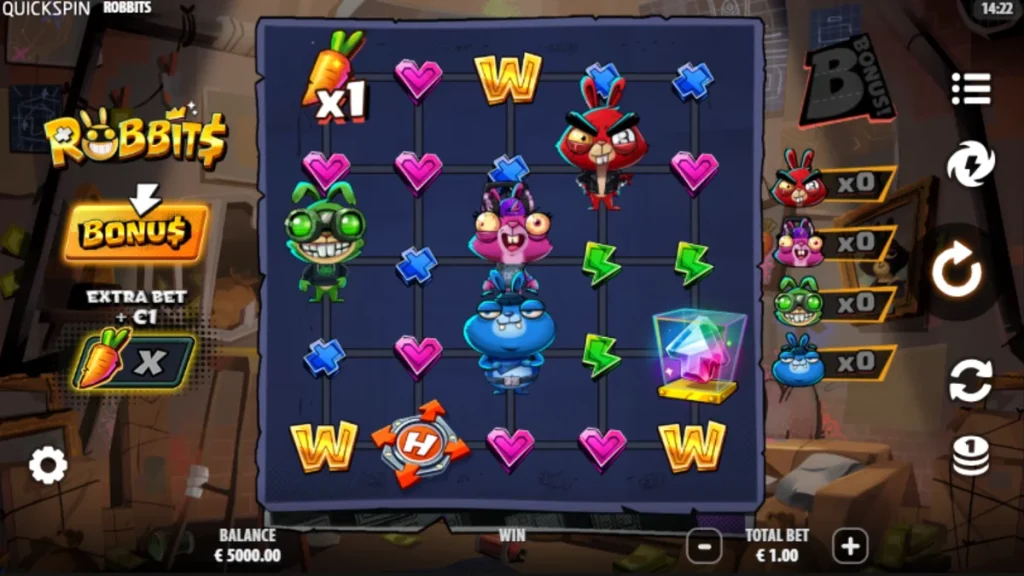 Tampilan visual karakter kelinci dalam slot Robbits dengan latar belakang kasino neon.