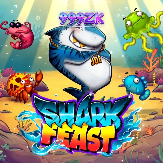 Tangkapan layar permainan slot Shark Feast yang menampilkan grid 6x6 bawah laut dengan simbol hiu kartun dan gelembung pengganda.